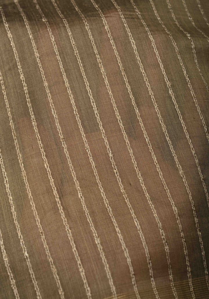Taupe Handwoven Maheshwari Silk Cotton Saree with Vertical Stripes and Minimal Zari Borders