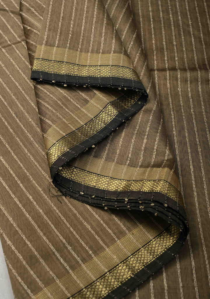 Taupe Handwoven Maheshwari Silk Cotton Saree with Vertical Stripes and Minimal Zari Borders