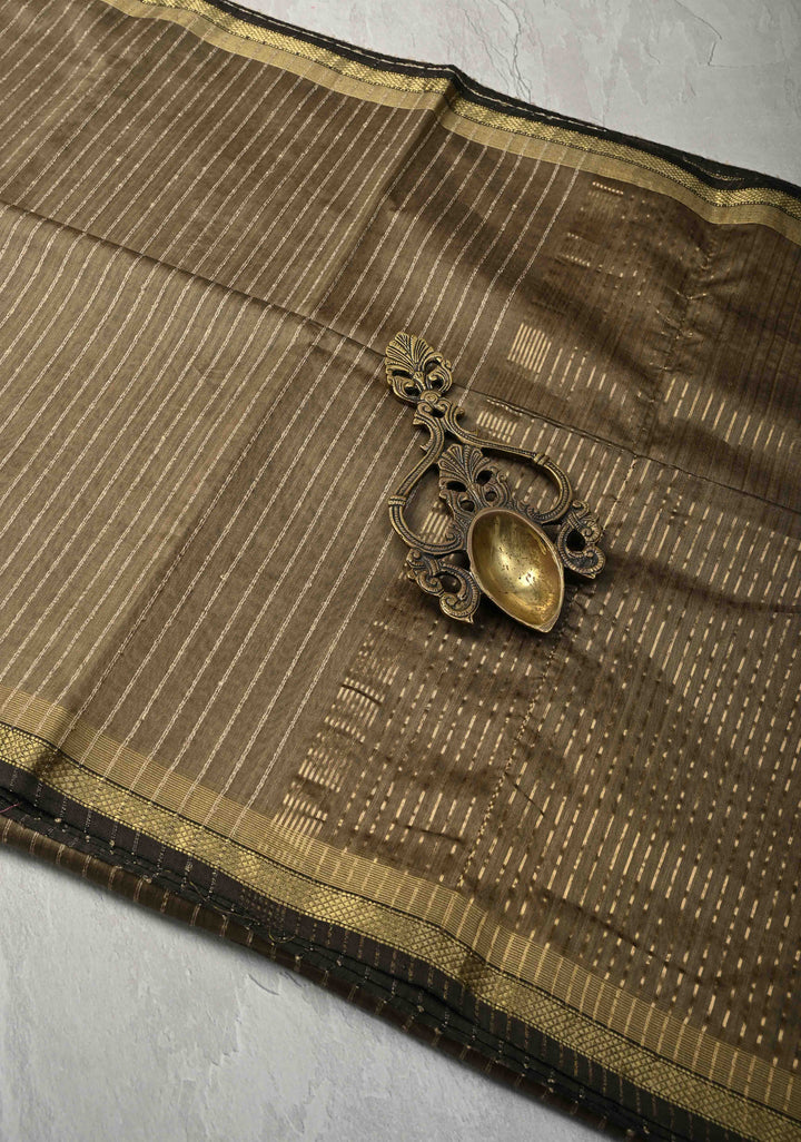 Taupe Handwoven Maheshwari Silk Cotton Saree with Vertical Stripes and Minimal Zari Borders