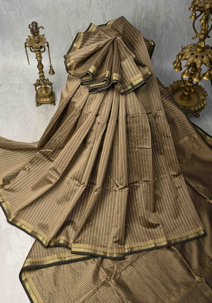 Taupe Handwoven Maheshwari Silk Cotton Saree with Vertical Stripes and Minimal Zari Borders