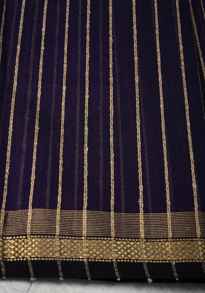 Ink Purple Handwoven Maheshwari Silk Cotton Saree with Vertical Stripes and Minimal Zari Borders