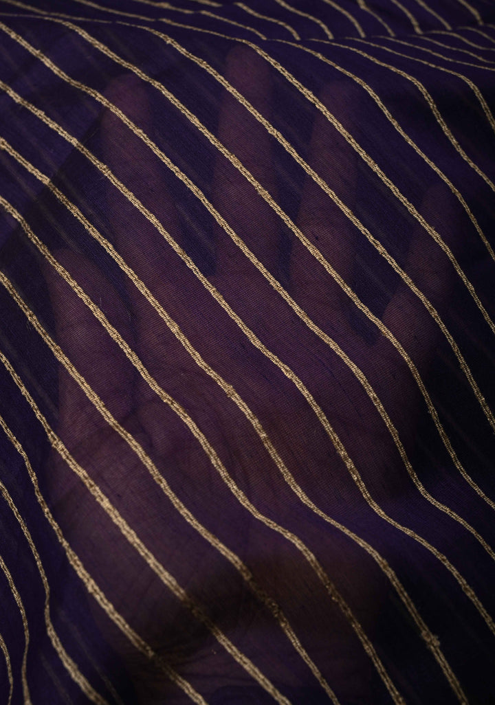 Ink Purple Handwoven Maheshwari Silk Cotton Saree with Vertical Stripes and Minimal Zari Borders