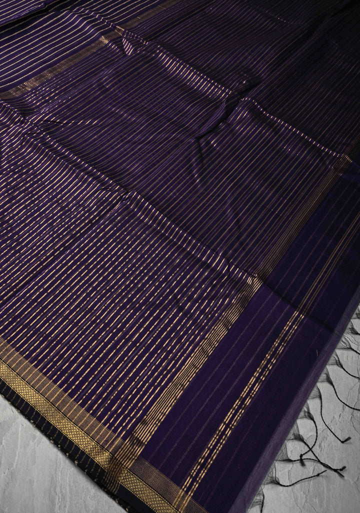 Ink Purple Handwoven Maheshwari Silk Cotton Saree with Vertical Stripes and Minimal Zari Borders