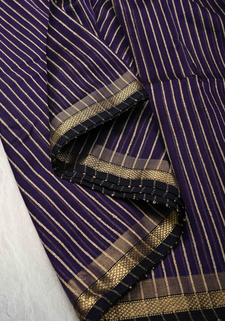 Ink Purple Handwoven Maheshwari Silk Cotton Saree with Vertical Stripes and Minimal Zari Borders