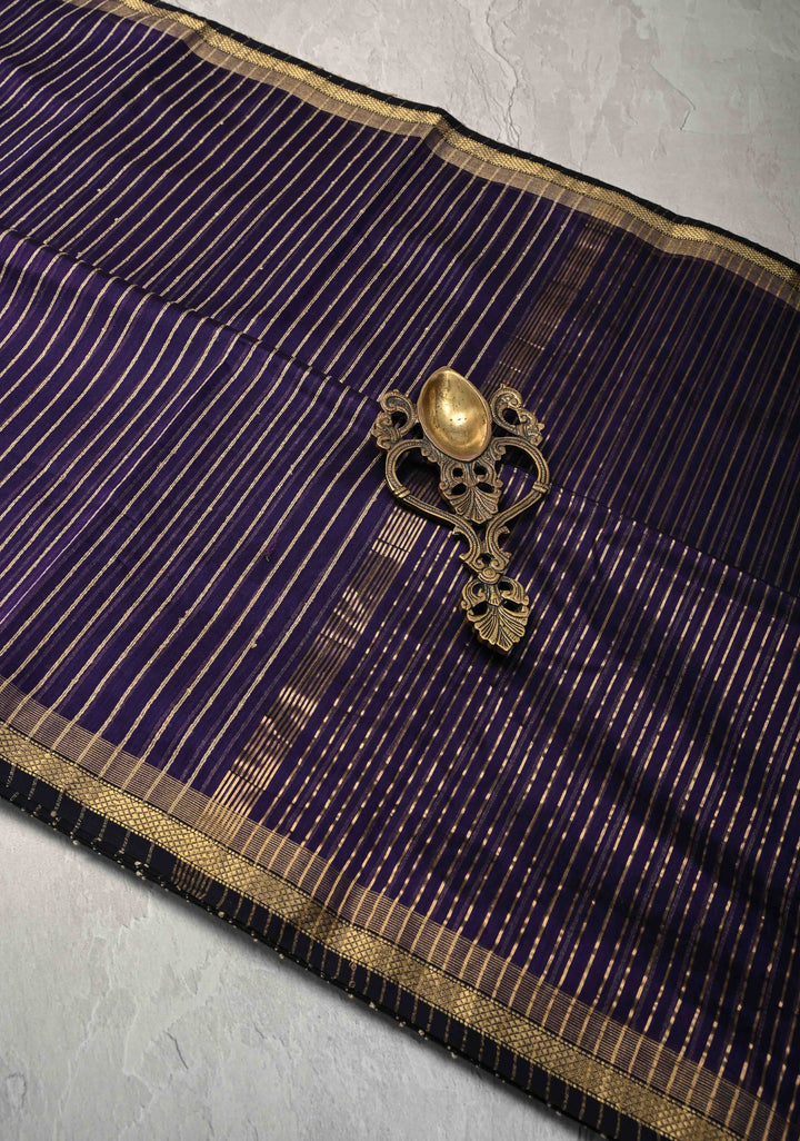 Ink Purple Handwoven Maheshwari Silk Cotton Saree with Vertical Stripes and Minimal Zari Borders