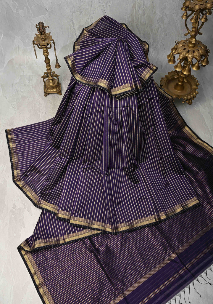 Ink Purple Handwoven Maheshwari Silk Cotton Saree with Vertical Stripes and Minimal Zari Borders