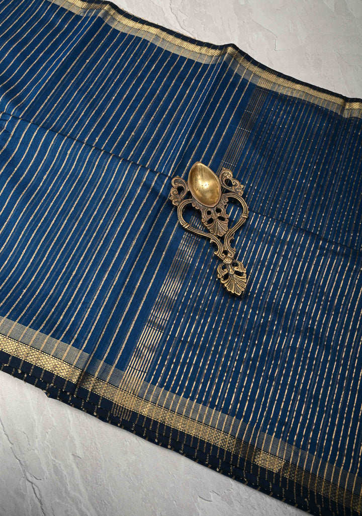 Prussian Blue Handwoven Maheshwari Silk Cotton Saree with Vertical Stripes and Minimal Zari Borders