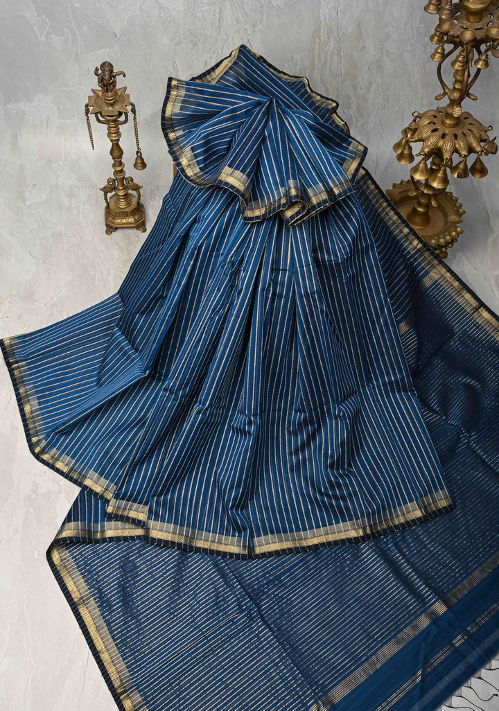 Prussian Blue Handwoven Maheshwari Silk Cotton Saree with Vertical Stripes and Minimal Zari Borders