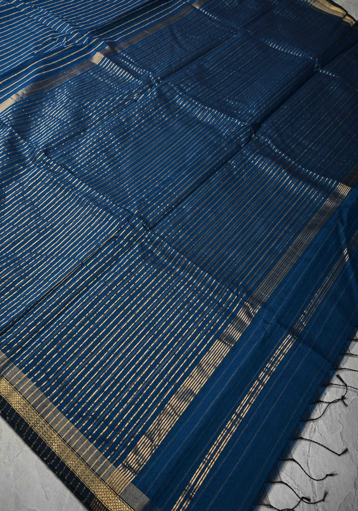 Prussian Blue Handwoven Maheshwari Silk Cotton Saree with Vertical Stripes and Minimal Zari Borders