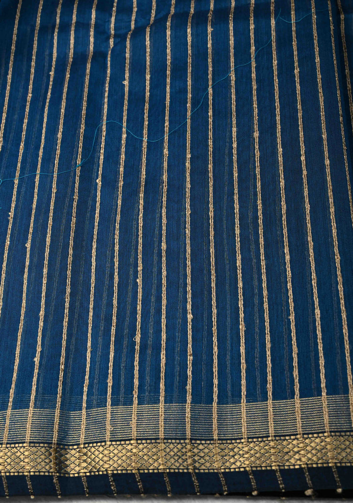 Prussian Blue Handwoven Maheshwari Silk Cotton Saree with Vertical Stripes and Minimal Zari Borders