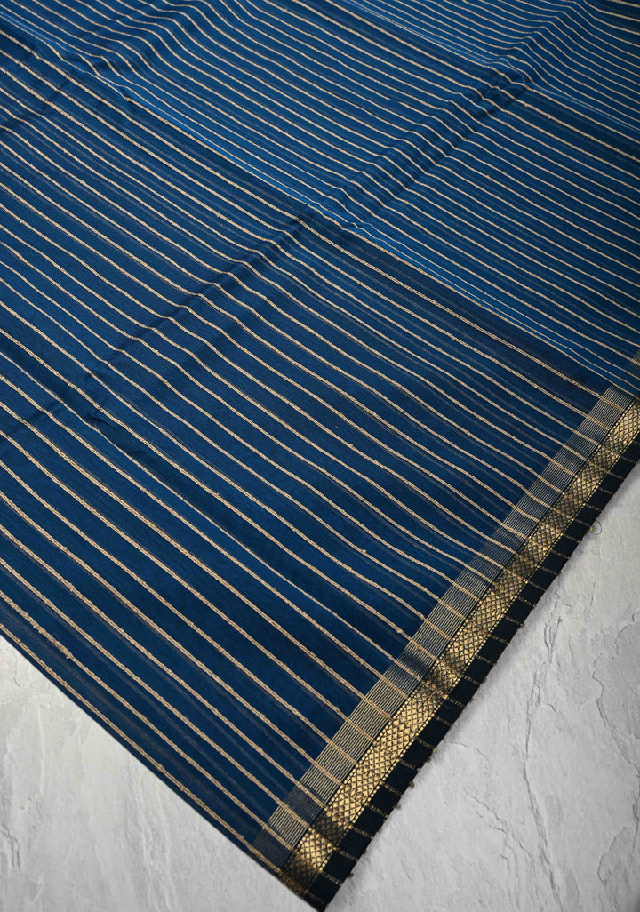 Prussian Blue Handwoven Maheshwari Silk Cotton Saree with Vertical Stripes and Minimal Zari Borders