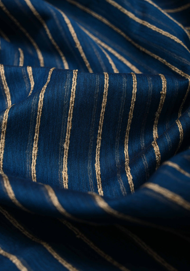 Prussian Blue Handwoven Maheshwari Silk Cotton Saree with Vertical Stripes and Minimal Zari Borders