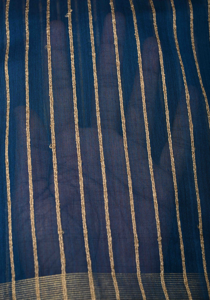 Prussian Blue Handwoven Maheshwari Silk Cotton Saree with Vertical Stripes and Minimal Zari Borders