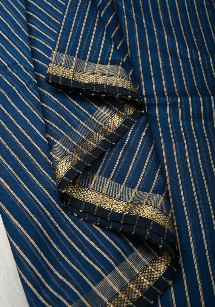 Prussian Blue Handwoven Maheshwari Silk Cotton Saree with Vertical Stripes and Minimal Zari Borders