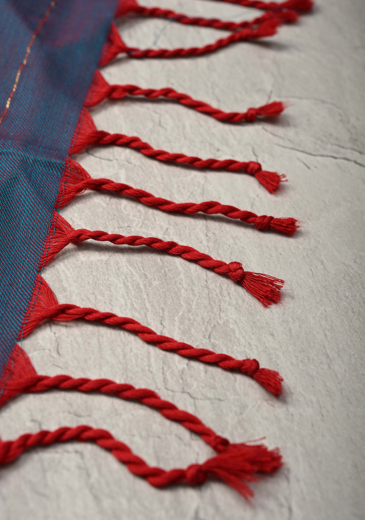 Peacock Blue-Maroon Reversible Maheshwari Mercerized Cotton Saree with Zari Stripes, No Blouse Piece