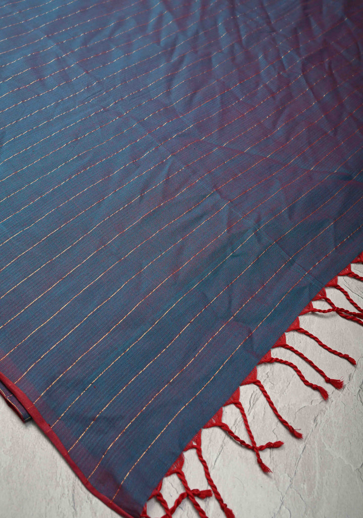 Peacock Blue-Maroon Reversible Maheshwari Mercerized Cotton Saree with Zari Stripes, No Blouse Piece