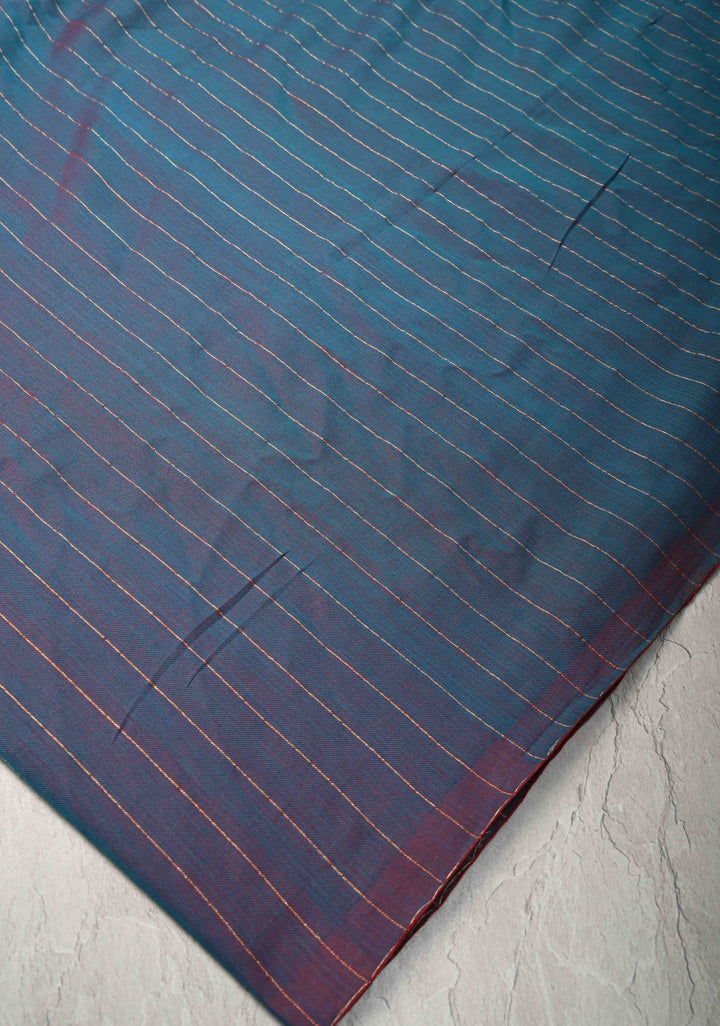 Peacock Blue-Maroon Reversible Maheshwari Mercerized Cotton Saree with Zari Stripes, No Blouse Piece