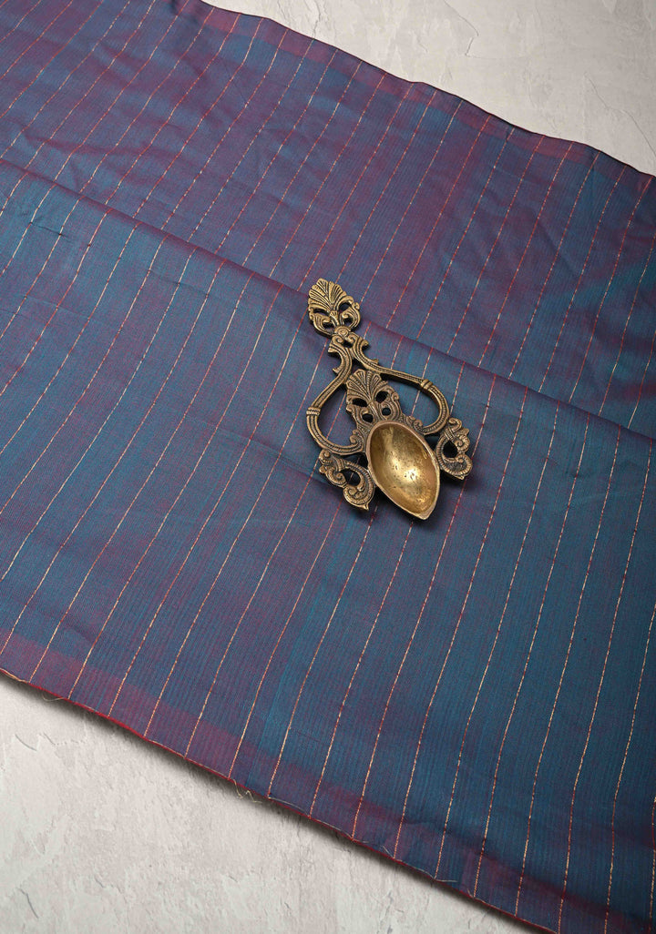 Peacock Blue-Maroon Reversible Maheshwari Mercerized Cotton Saree with Zari Stripes, No Blouse Piece