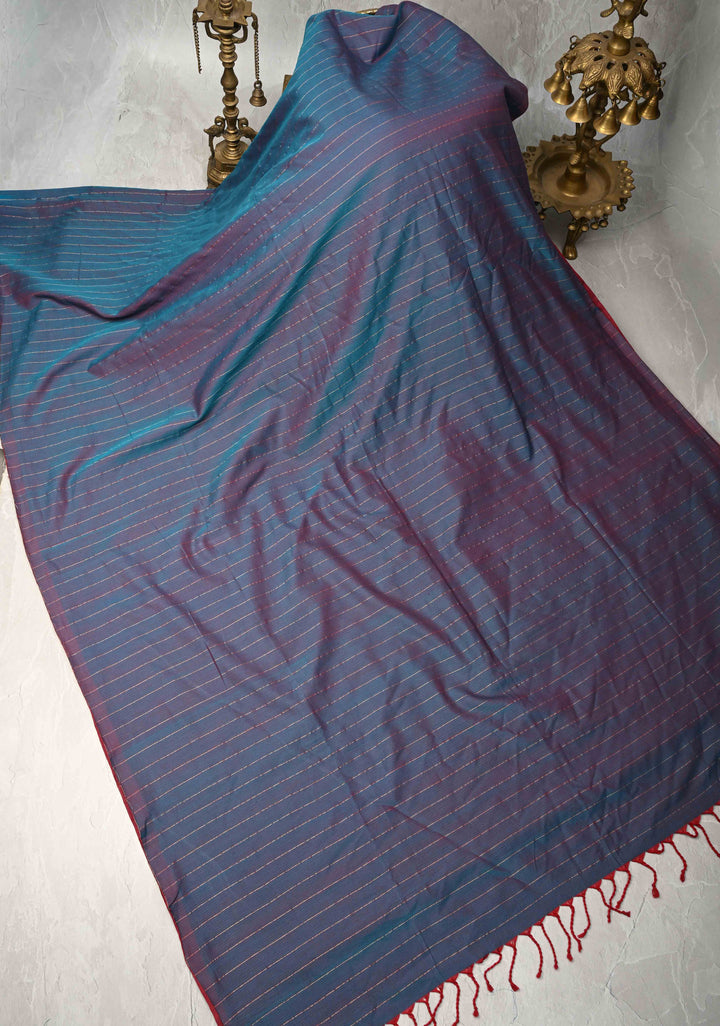 Peacock Blue-Maroon Reversible Maheshwari Mercerized Cotton Saree with Zari Stripes, No Blouse Piece