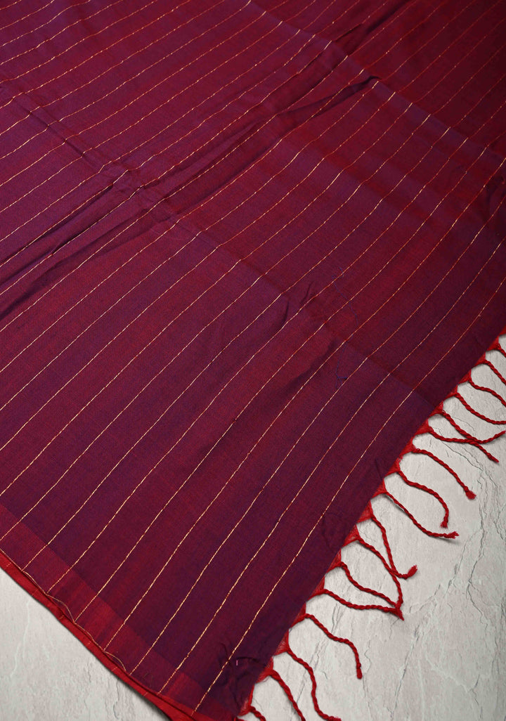 Purple-Maroon Reversible Maheshwari Mercerized Cotton Saree with Zari Stripes, No Blouse Piece
