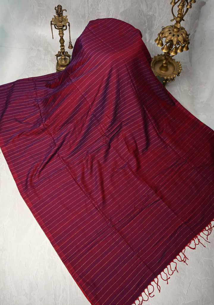 Purple-Maroon Reversible Maheshwari Mercerized Cotton Saree with Zari Stripes, No Blouse Piece