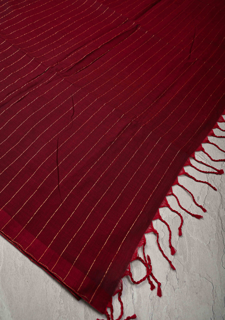 Maroon-Red Reversible Maheshwari Mercerized Cotton Saree with Zari Stripes, No Blouse Piece
