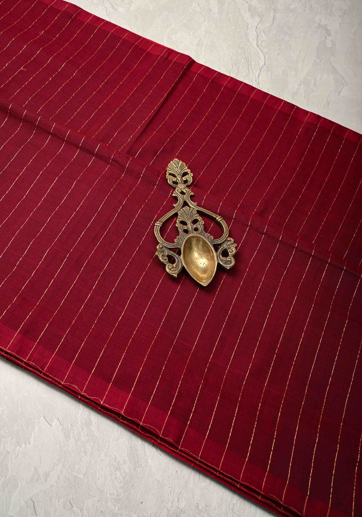 Maroon-Red Reversible Maheshwari Mercerized Cotton Saree with Zari Stripes, No Blouse Piece