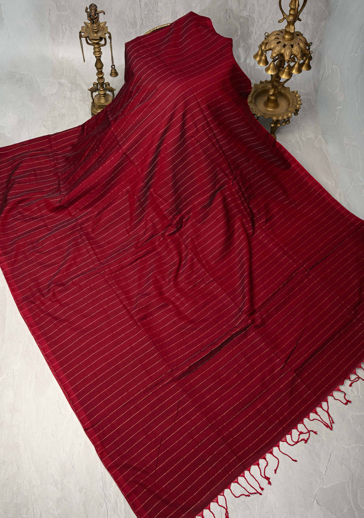 Maroon-Red Reversible Maheshwari Mercerized Cotton Saree with Zari Stripes, No Blouse Piece