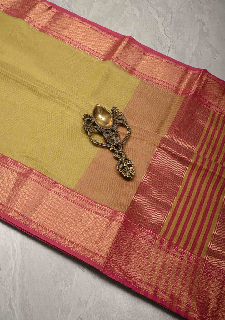 Yellow Handwoven Maheshwari Silk Cotton Saree with Tissue Checks and Contrast Zari Border