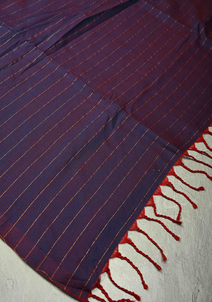 Blue-Red Reversible Maheshwari Mercerized Cotton Saree with Zari Stripes, No Blouse Piece