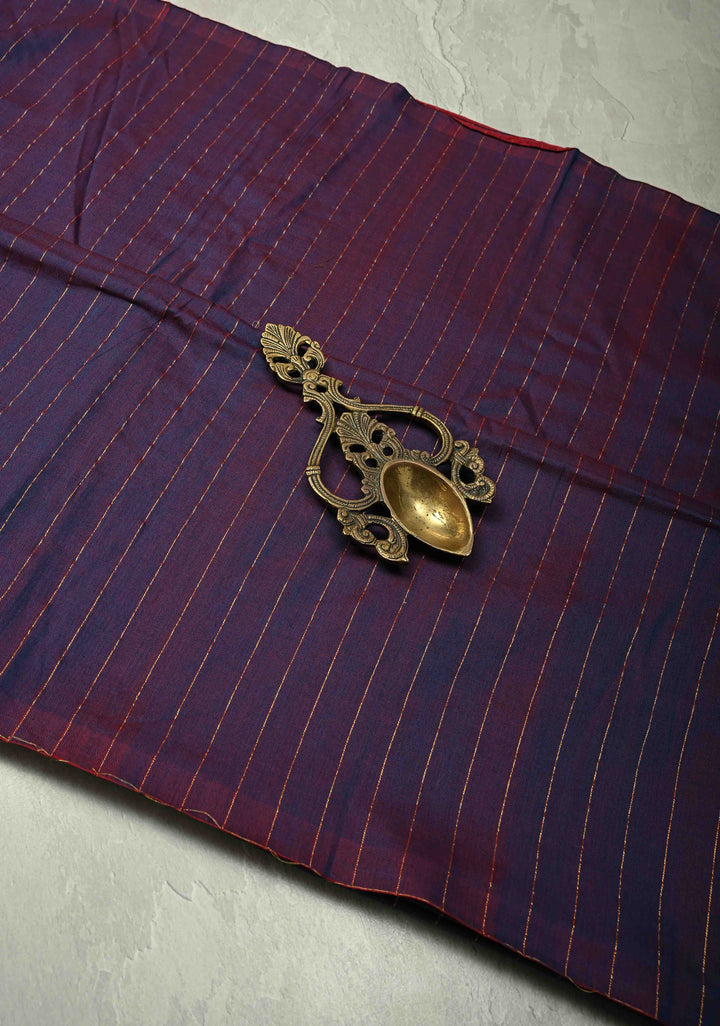 Blue-Red Reversible Maheshwari Mercerized Cotton Saree with Zari Stripes, No Blouse Piece