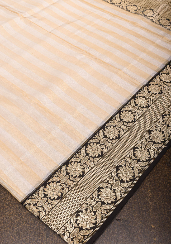 Silver and Gold Vertical Stripes Tissue Banarasi Saree with Black Kadhiyal Borders| SILK MARK CERTIFIED