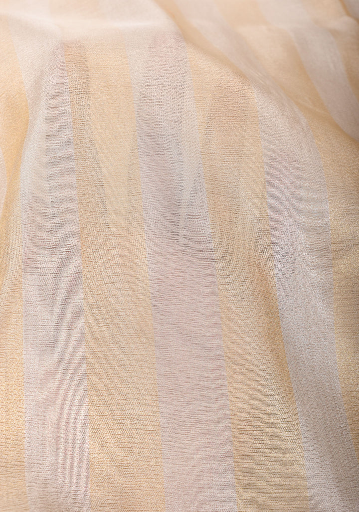 Silver and Gold Vertical Stripes Tissue Banarasi Saree with Black Kadhiyal Borders| SILK MARK CERTIFIED