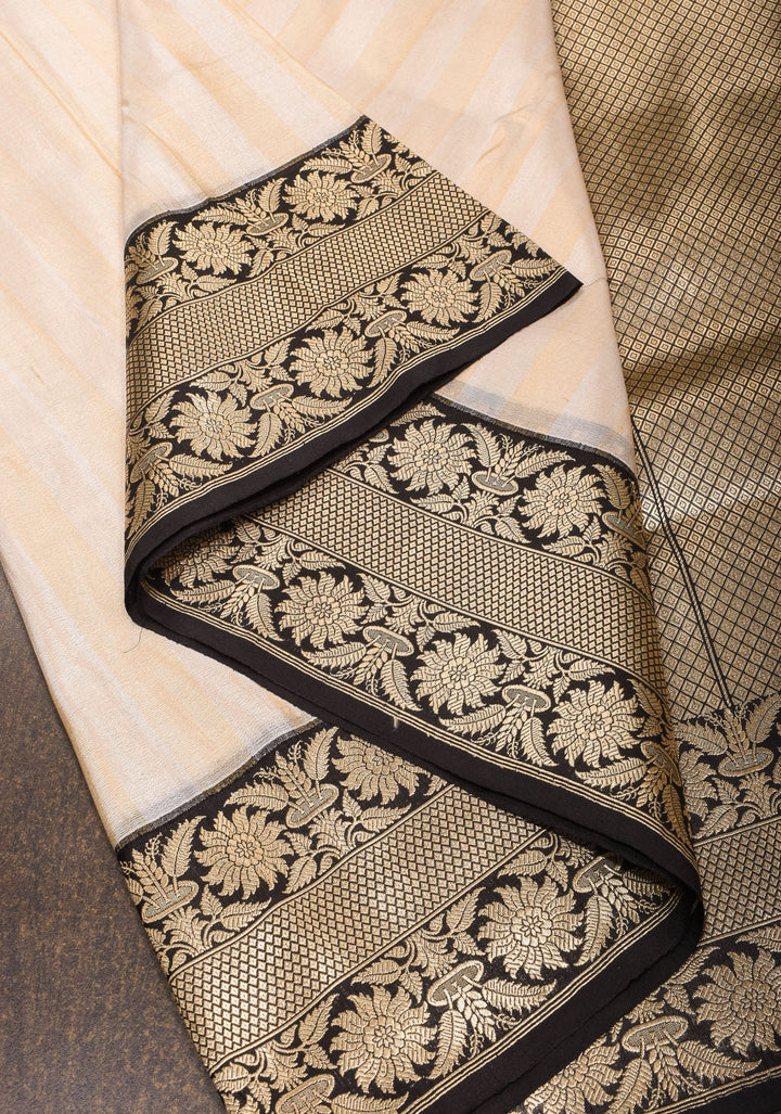 Silver and Gold Vertical Stripes Tissue Banarasi Saree with Black Kadhiyal Borders| SILK MARK CERTIFIED