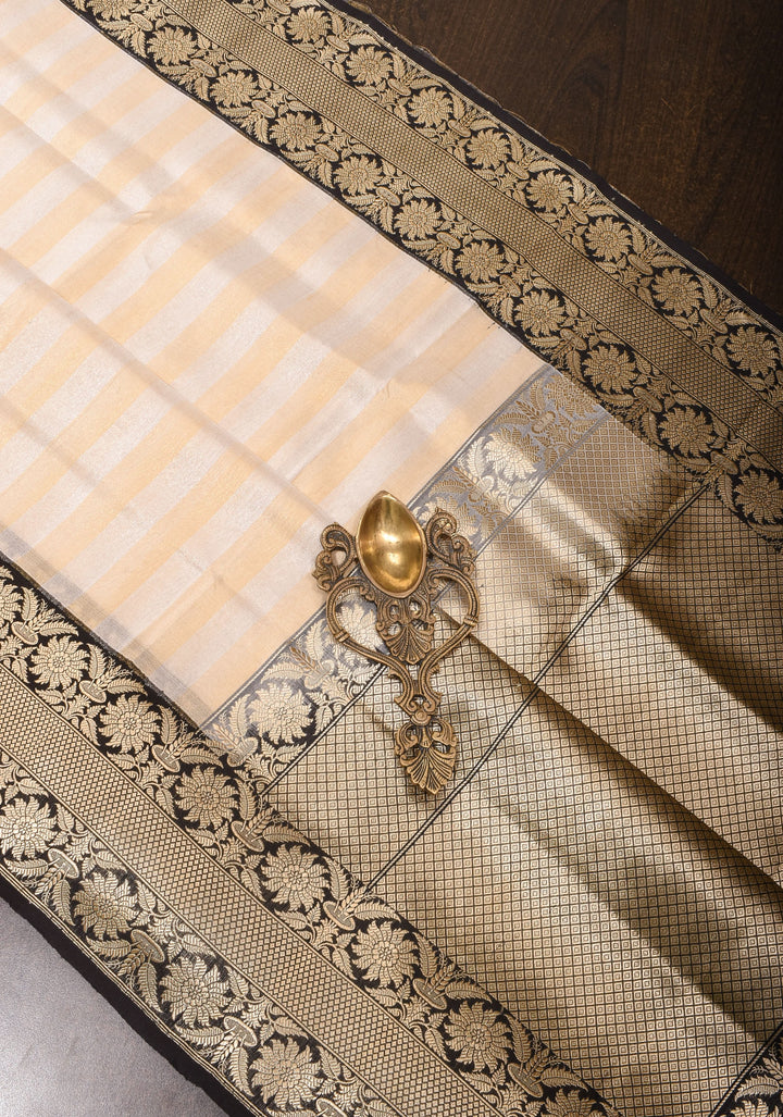Silver and Gold Vertical Stripes Tissue Banarasi Saree with Black Kadhiyal Borders| SILK MARK CERTIFIED