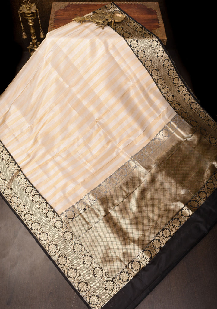 Silver and Gold Vertical Stripes Tissue Banarasi Saree with Black Kadhiyal Borders| SILK MARK CERTIFIED