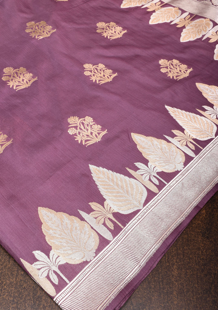 Dusty Mauve Banarasi Katan Silk Saree With alfi scallop borders| SILK MARK CERTIFIED