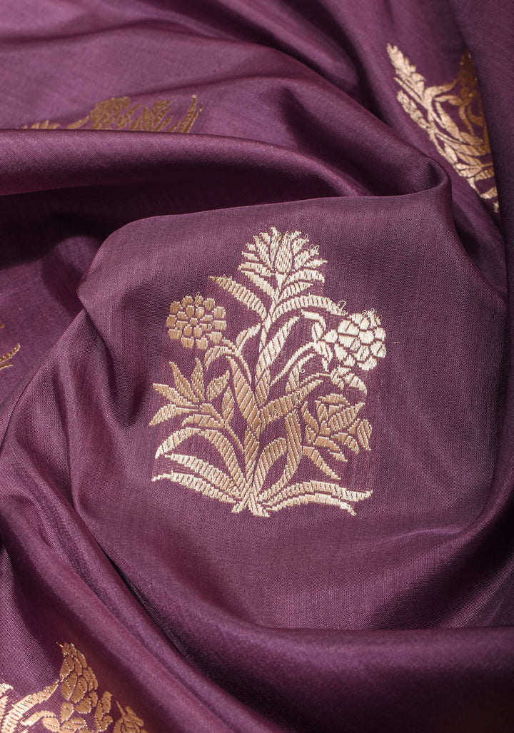 Dusty Mauve Banarasi Katan Silk Saree With alfi scallop borders| SILK MARK CERTIFIED