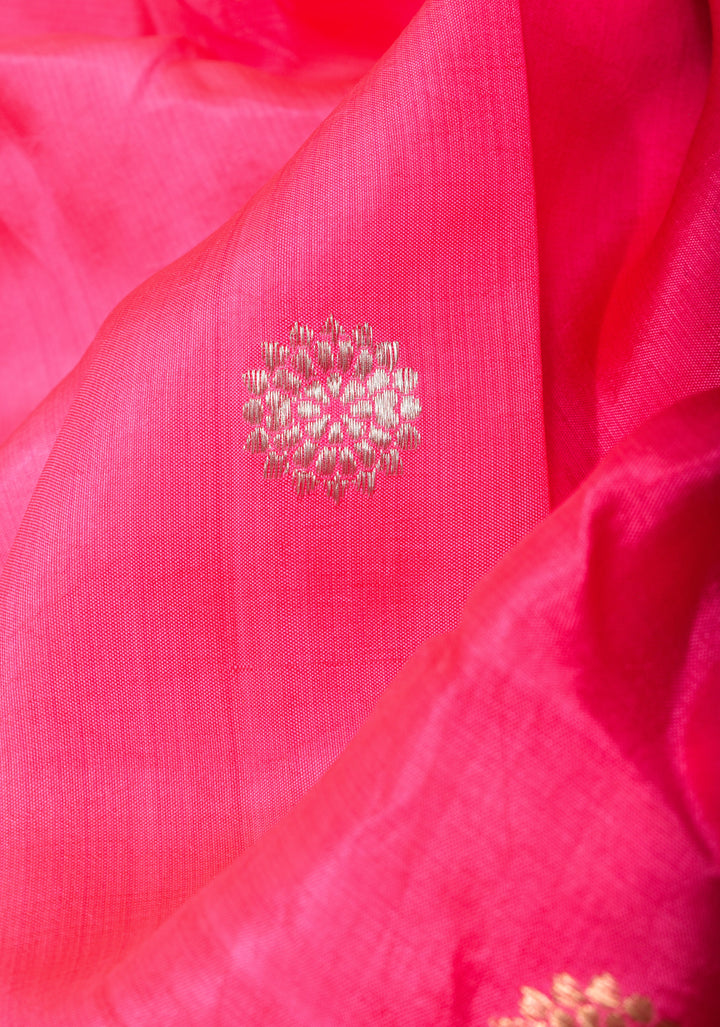 French Rose Banarasi Katan by Kora Saree with Sona Rupa mandala motifs on border | SILK MARK CERTIFIED