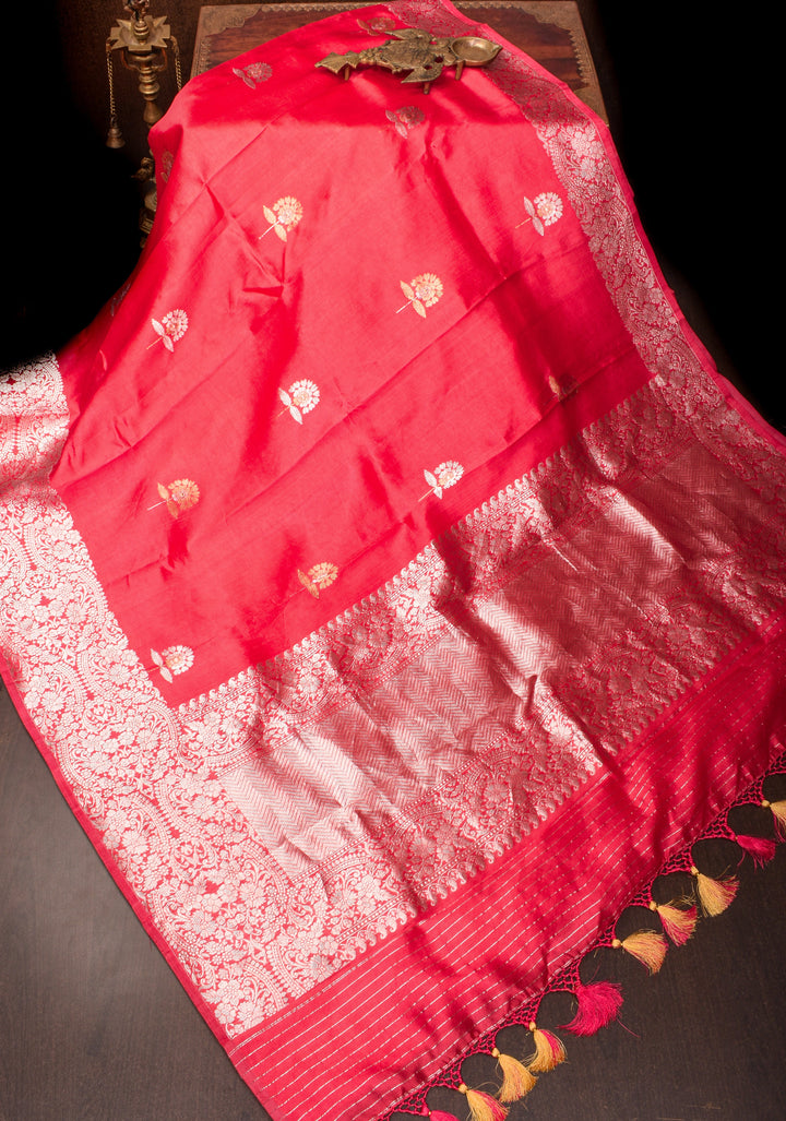 Pinkish Red Banarasi Silk Saree with Alfi Buttas and Zari Border | SILK MARK CERTIFIED
