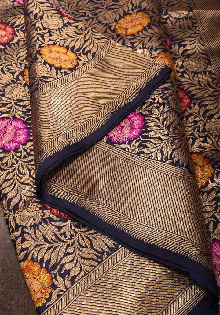 Navy Blue Banarasi Katan Silk Saree with Meenakari floral Brocade and Zari Border | SILK MARK CERTIFIED