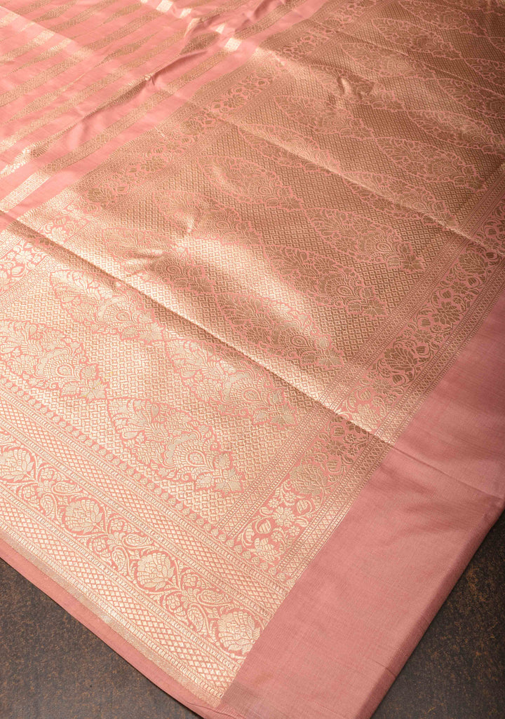 Blush Pink Banarasi Katan Silk Saree with Lustrous Zari Stripes And Zari Border | SILK MARK CERTIFIED