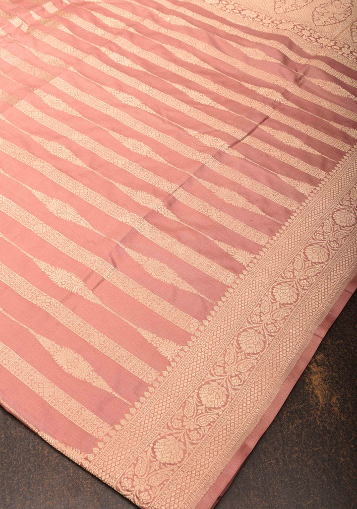Blush Pink Banarasi Katan Silk Saree with Lustrous Zari Stripes And Zari Border | SILK MARK CERTIFIED
