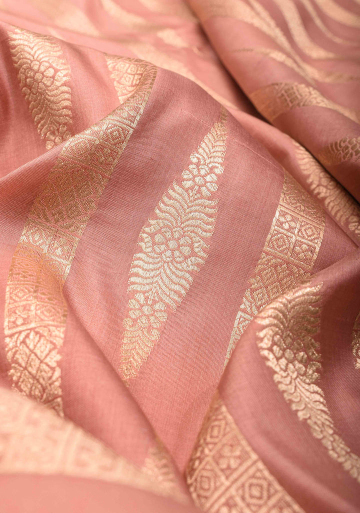 Blush Pink Banarasi Katan Silk Saree with Lustrous Zari Stripes And Zari Border | SILK MARK CERTIFIED