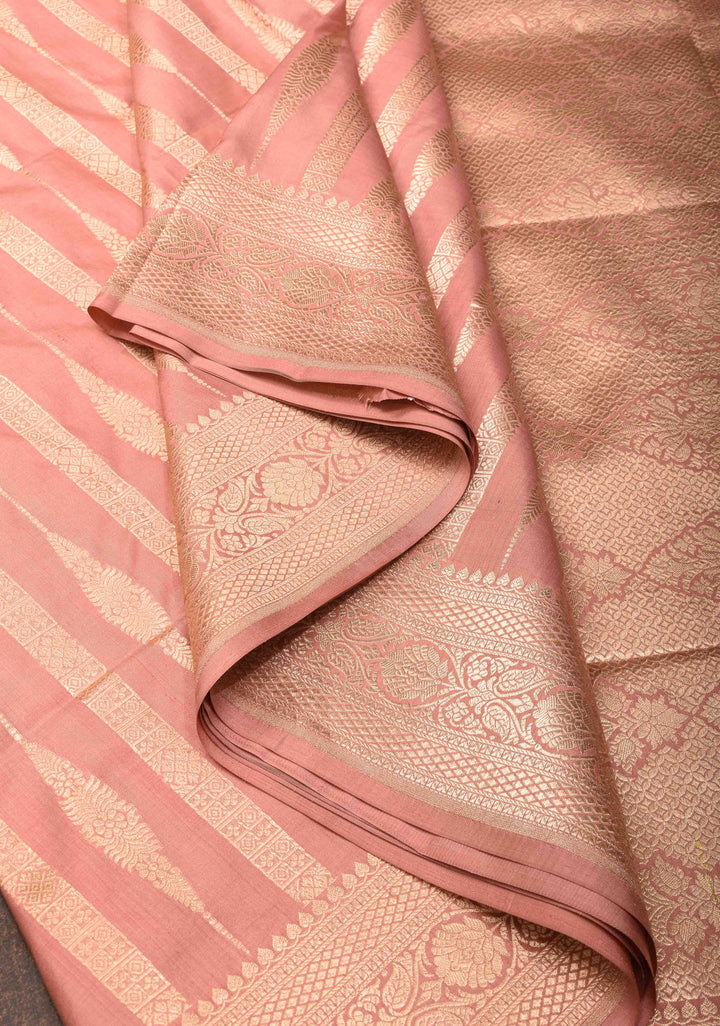 Blush Pink Banarasi Katan Silk Saree with Lustrous Zari Stripes And Zari Border | SILK MARK CERTIFIED