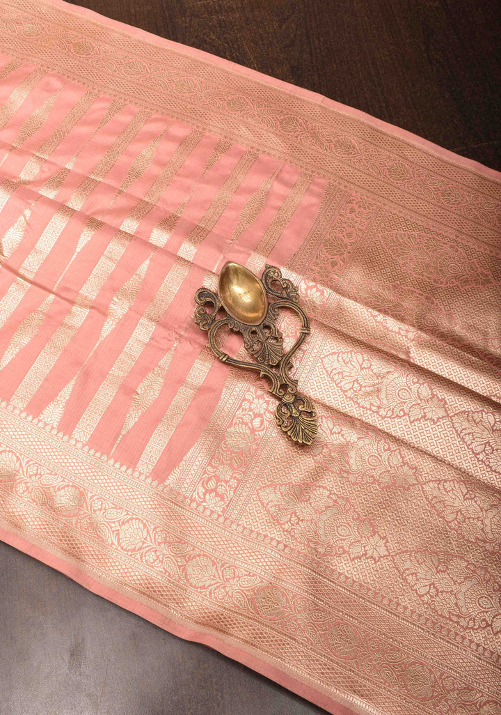 Blush Pink Banarasi Katan Silk Saree with Lustrous Zari Stripes And Zari Border | SILK MARK CERTIFIED
