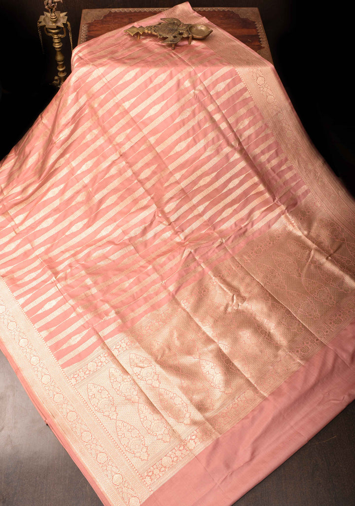 Blush Pink Banarasi Katan Silk Saree with Lustrous Zari Stripes And Zari Border | SILK MARK CERTIFIED