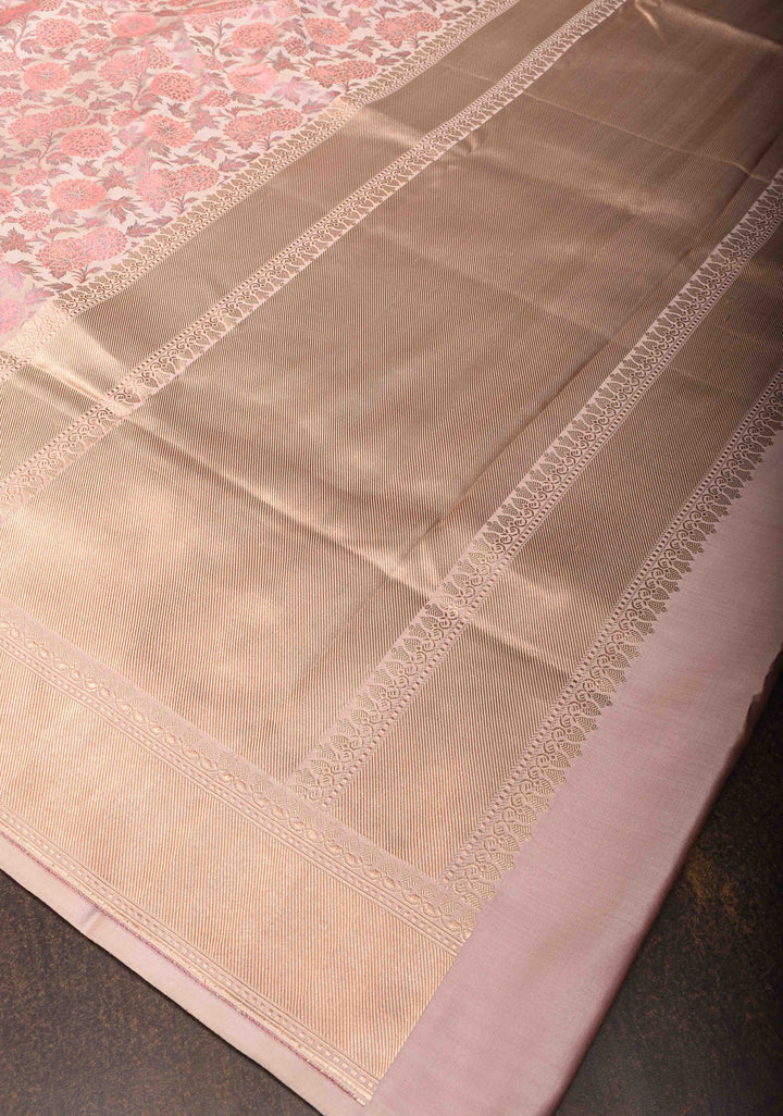 Blush Pink Tanchoi Banarasi Satin Silk Saree with Floral Brocade | SILK MARK CERTIFIED