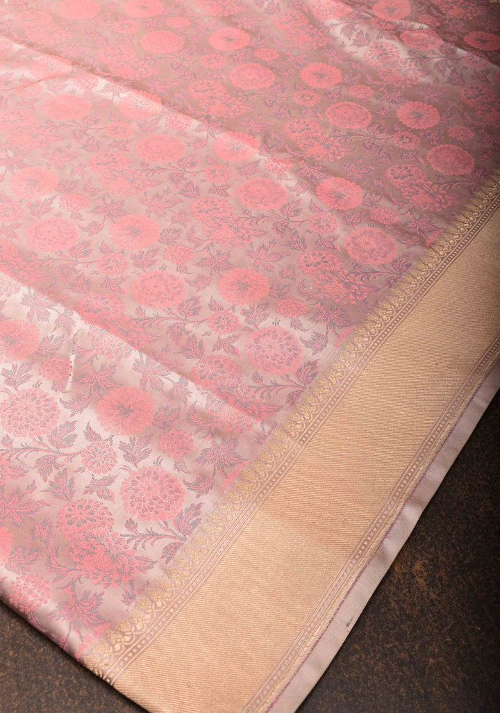 Blush Pink Tanchoi Banarasi Satin Silk Saree with Floral Brocade | SILK MARK CERTIFIED