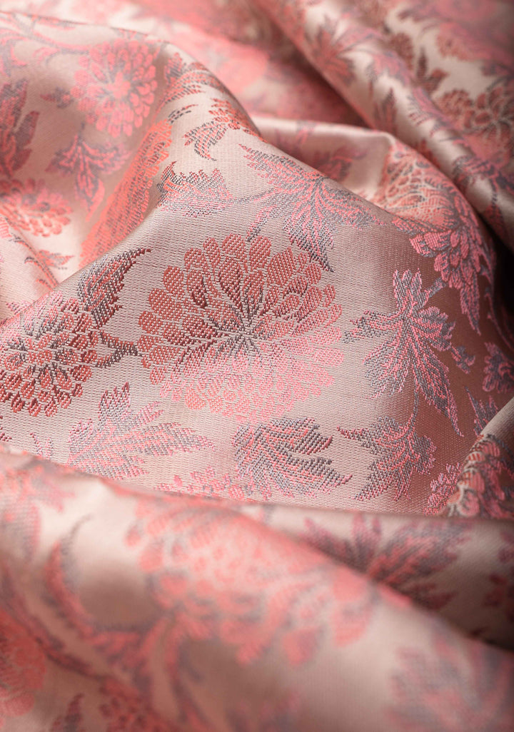 Blush Pink Tanchoi Banarasi Satin Silk Saree with Floral Brocade | SILK MARK CERTIFIED